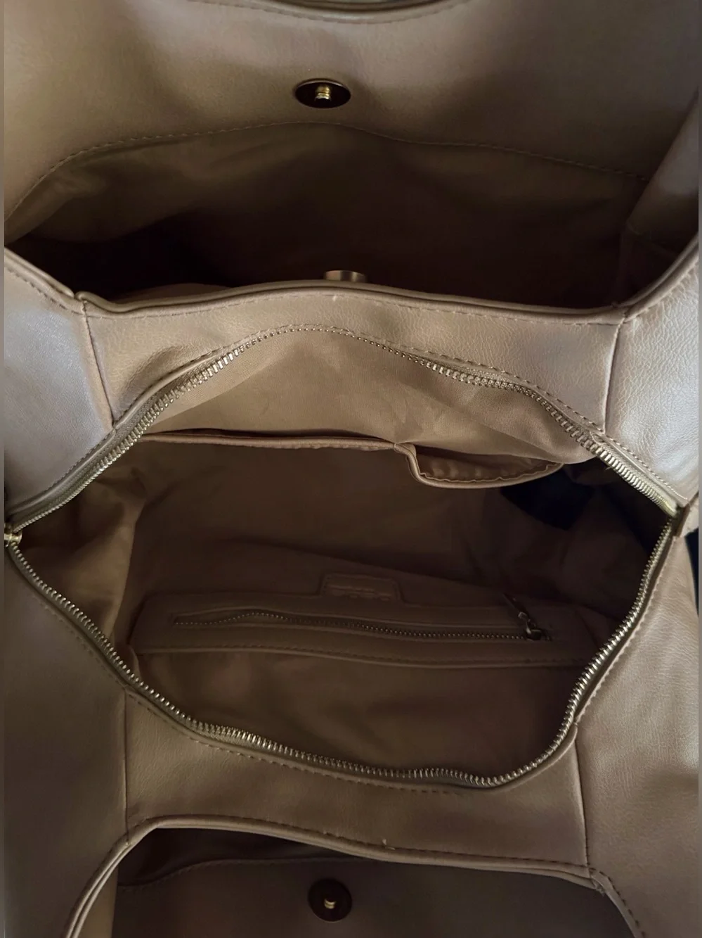 Bebe Colette Triple Entry Beige Hobo Shoulder Bag Gold Chain Accents Purse Tote